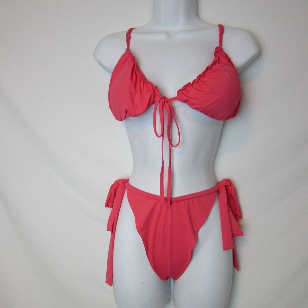 NEW Kittenish Coral Pink Bikini Swim Set Large Padded Tie Cheeky Adjustable